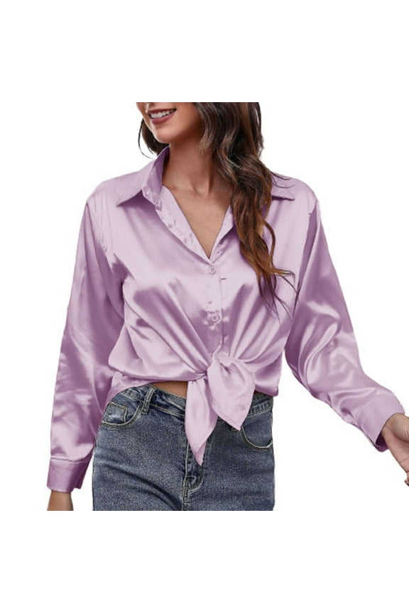 Women's Casual Satin Silk Silks Long Sleeve Button Down Shirt Formal Work Blouse Top Drop Shoulder Solid Color Tops