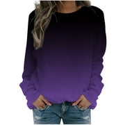 JWZUY Women's Casual Sweatshirts Hoodless Round Neck Pullover Gradient Color Long Sleeve Loose Fit Sweatshirt Oversized Blouse Tops Purple S