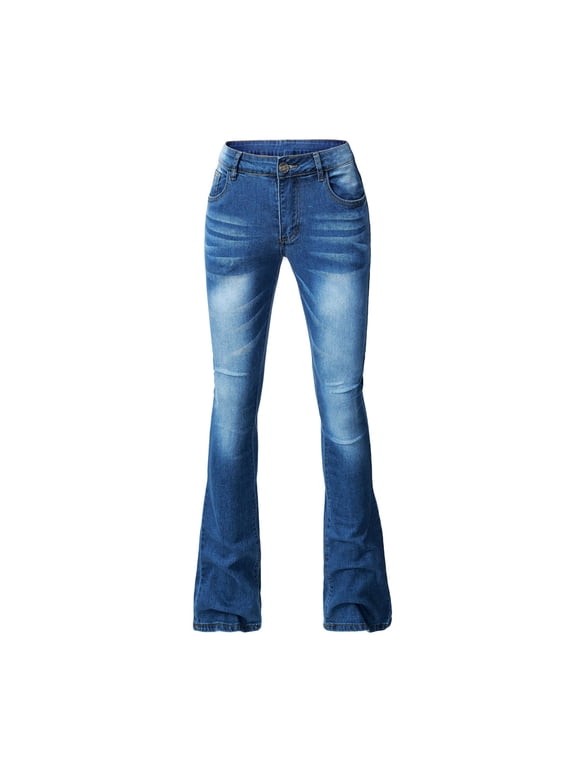 Women's Curvy Bootcut High Waisted Stretch Juniors Flare Bell Bottom Jeans Distressed Color Denim Pants Dark Blue XXXL