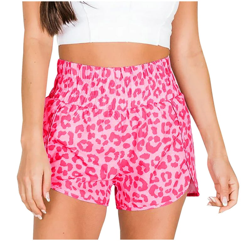 JWZUY Women's Cute Pink Leopard Plaid Print Shorts High Waist Casual Summer  Shorts Pink XL 