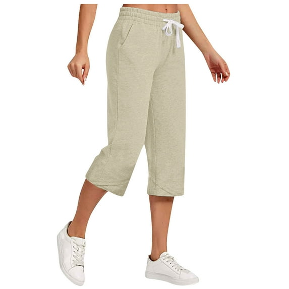 JWZUY Women's Drawsting Cotton Capris Casual Summer Lounge Pants Loose Fit Plus Size Wide Leg Crop Pants with Pockets Khaki L