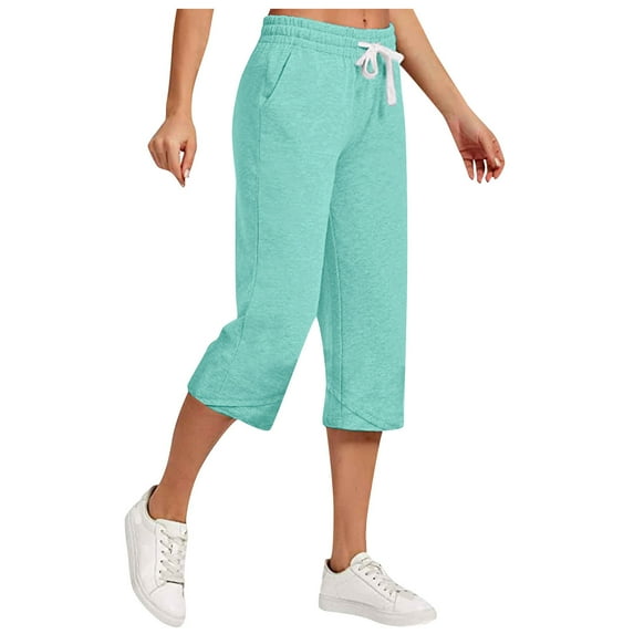 JWZUY Women's Drawsting Cotton Capris Casual Summer Lounge Pants Loose Fit Plus Size Wide Leg Crop Pants with Pockets Mint Green XXXL