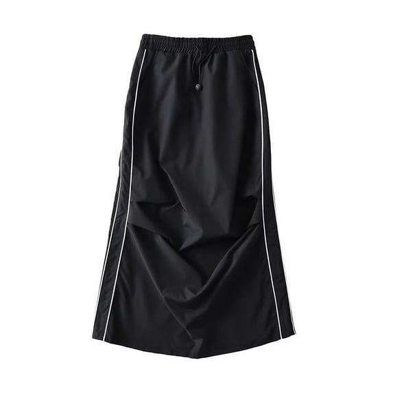 JWZUY Women's Elastic Waist Flap Pocket Drawstring Casual Y2K Long Cargo Skirts Black S