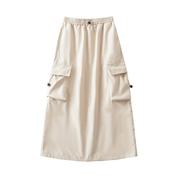 JWZUY Women's Elastic Waist Flap Pocket Drawstring Casual Y2K Long Cargo Skirts Khaki L