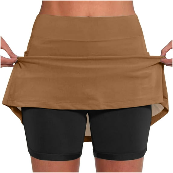 JWZUY Women's Elastic Yoga Culottes Solid Color Athletic Shorts with High Waist and Tummy Control Plus Size Biker Shorts for Summer Golf Skorts Gold XL