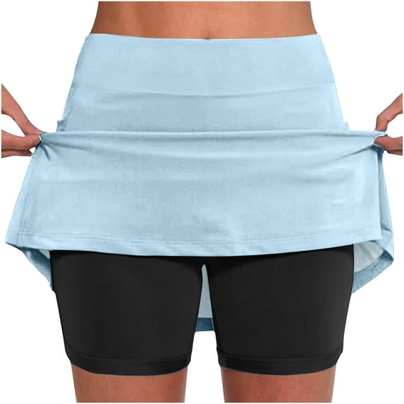 JWZUY Women's Elastic Yoga Culottes Solid Color Athletic Shorts with High Waist and Tummy Control Plus Size Biker Shorts for Summer Golf Skorts Light Blue XL
