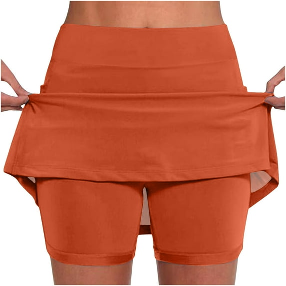 JWZUY Women's Elastic Yoga Culottes Solid Color Athletic Shorts with High Waist and Tummy Control Plus Size Biker Shorts for Summer Golf Skorts Orange XXL