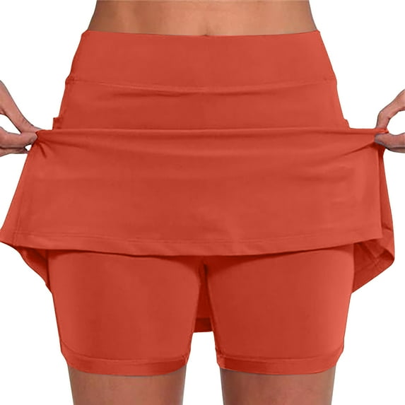 JWZUY Women's Elastic Yoga Culottes Solid Color Lightweight High Waist Skorts with Tummy Control Plus Size Biker Shorts for Athletic Golf and Summer Wear Orange XXL