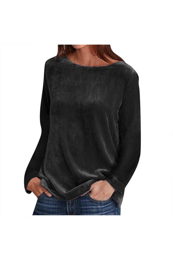 Women's Elegant Long Sleeve Tops Round Neck Vintage Velvet Blouse Velour Pullover Casual Solid Color Shirts Tees Loose Fit Black XXL