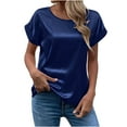 thumbnail image 1 of JWZUY Women's Elegant Round Neck Classic Short Sleeve Satin Silk Blouse Tops Navy M, 1 of 5