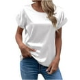 thumbnail image 1 of JWZUY Women's Elegant Round Neck Classic Short Sleeve Satin Silk Blouse Tops White XL, 1 of 5