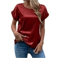 thumbnail image 1 of JWZUY Women's Elegant Round Neck Classic Short Sleeve Satin Silk Blouse Tops Wine XXL, 1 of 6