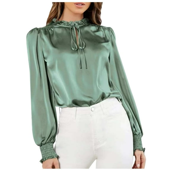 JWZUY Women's Elegant Tie Neck Long Sleeve Shirred Cuff Satin Blouse Top Office Business Silk Shirts Mint Green S