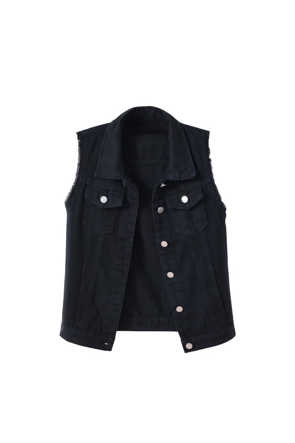 Women's Fashion Sleeveless Button Denim Vest Candy Color Ripped Jeans Jacket with Pockets Black M