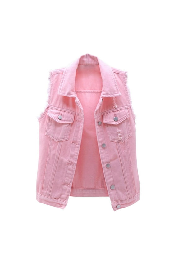 Women's Fashion Sleeveless Button Denim Vest Candy Color Ripped Jeans Jacket with Pockets Pink M