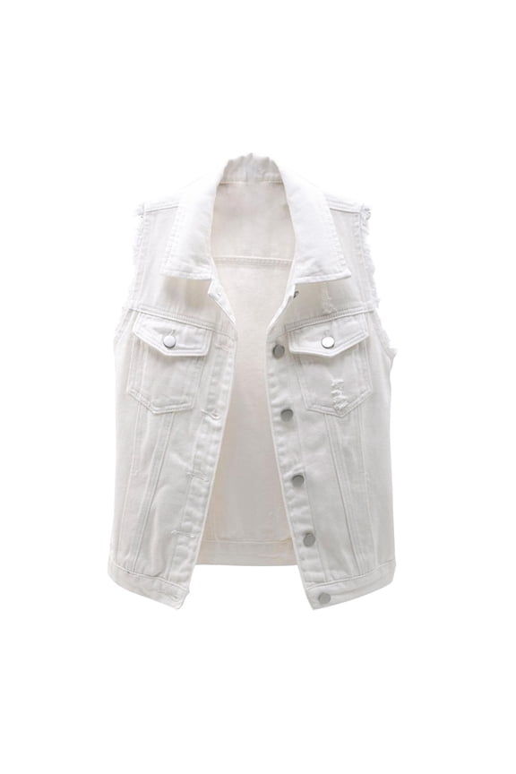 Women's Fashion Sleeveless Button Denim Vest Candy Color Ripped Jeans Jacket with Pockets White M