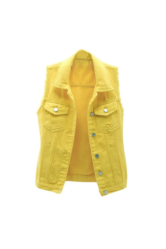 Women's Fashion Sleeveless Button Denim Vest Candy Color Ripped Jeans Jacket with Pockets Yellow M
