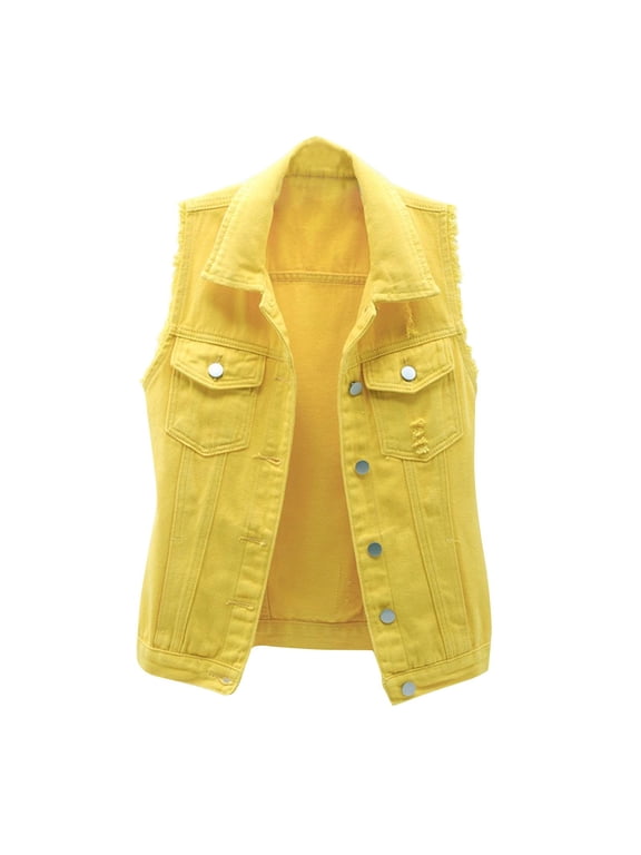Women's Fashion Sleeveless Button Denim Vest Candy Color Ripped Jeans Jacket with Pockets Yellow XXL