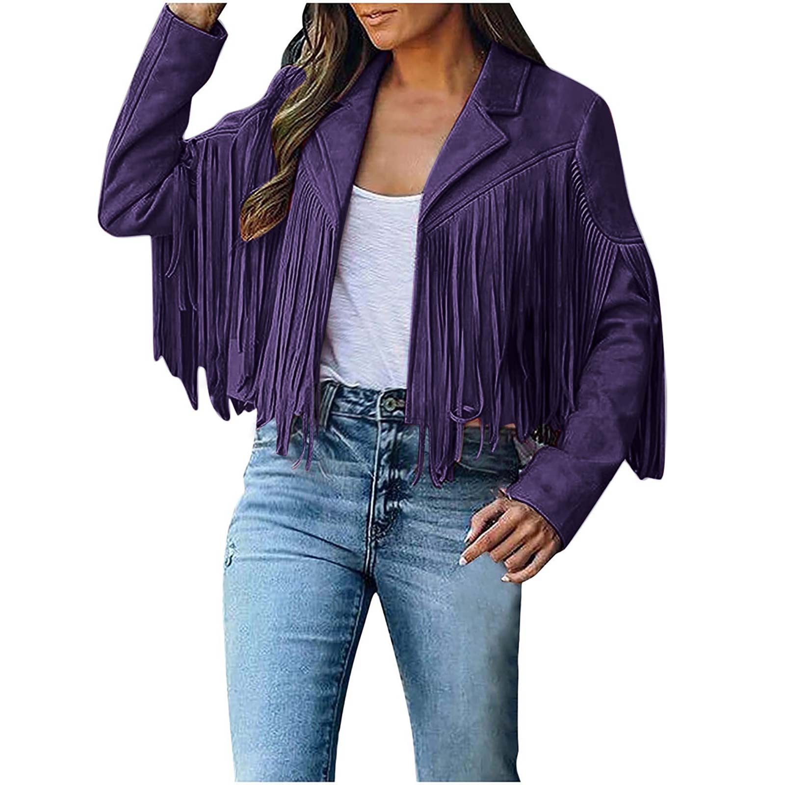JWZUY Women s Faux Leather PU Jacket Coat Suede Fringe Jacket Long Sleeve Slim Boyfriend Cropped Jackets with Tassles Purple M Walmart