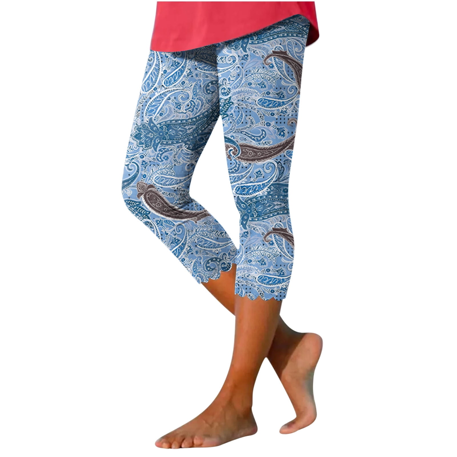 JWZUY Women's Flounce Cuff Hem Floral Capri Leggings Workout Yoga Running  Capris High Waisted Pull On Cropped Leggings Blue L