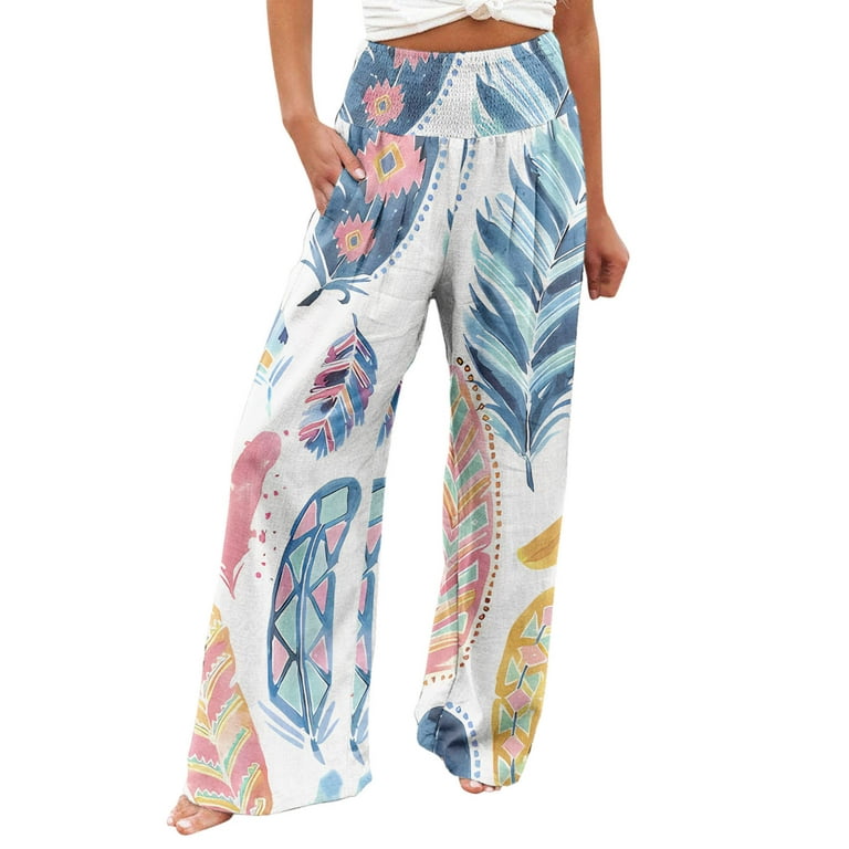 JWZUY Women's Hawaiian Tropical Print High Elastic Waisted Wide Leg Loose  Pants Trousers Linen Blend Summer Casaul Pants White L