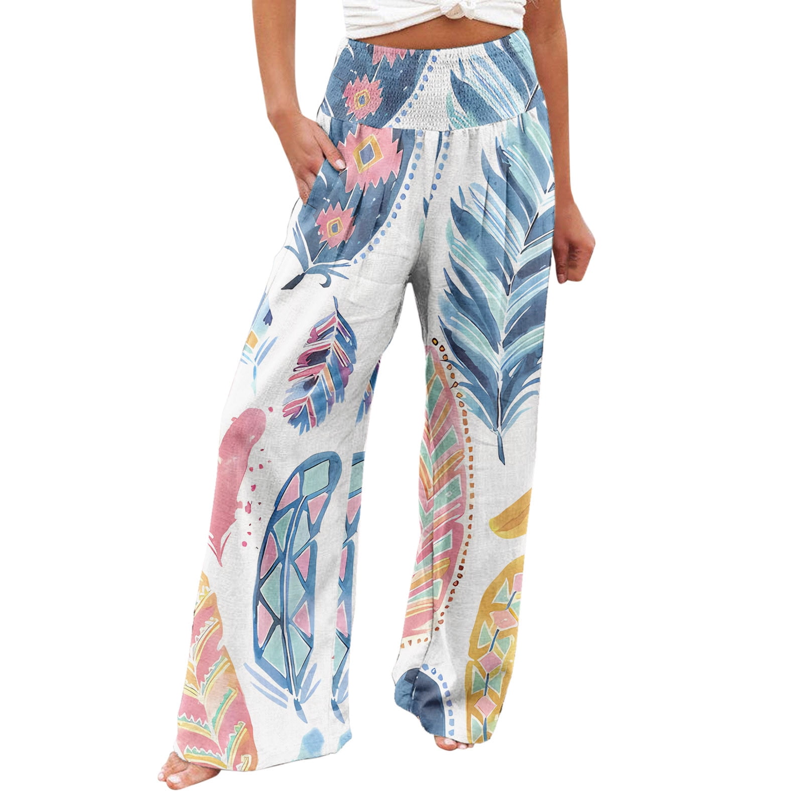 JWZUY Women's Hawaiian Tropical Print High Elastic Waisted Wide Leg Loose  Pants Trousers Linen Blend Summer Casaul Pants Black XL 
