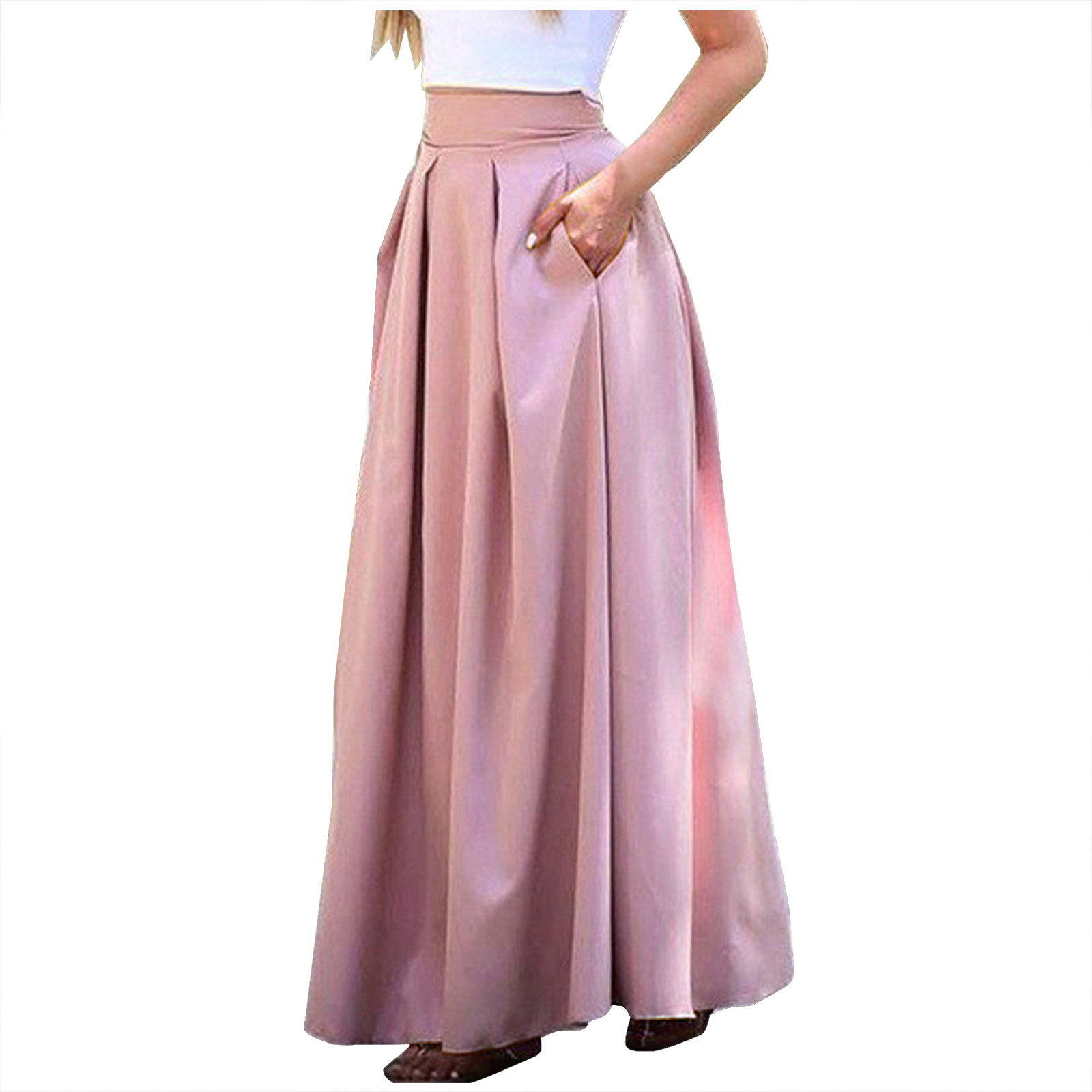 JWZUY Women's High Waist Flared Skirt Pleated Maxi Skirt with Pocket ...