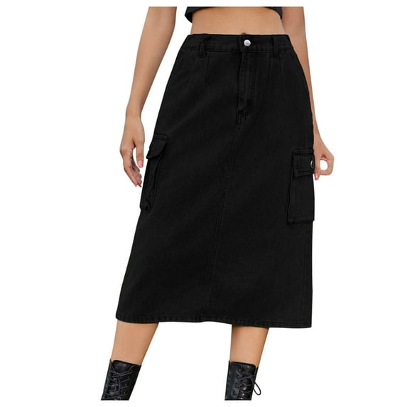 JWZUY Women's High Waist Split Long Cargo Skirts Denim Skirt with Pocket Black XXL
