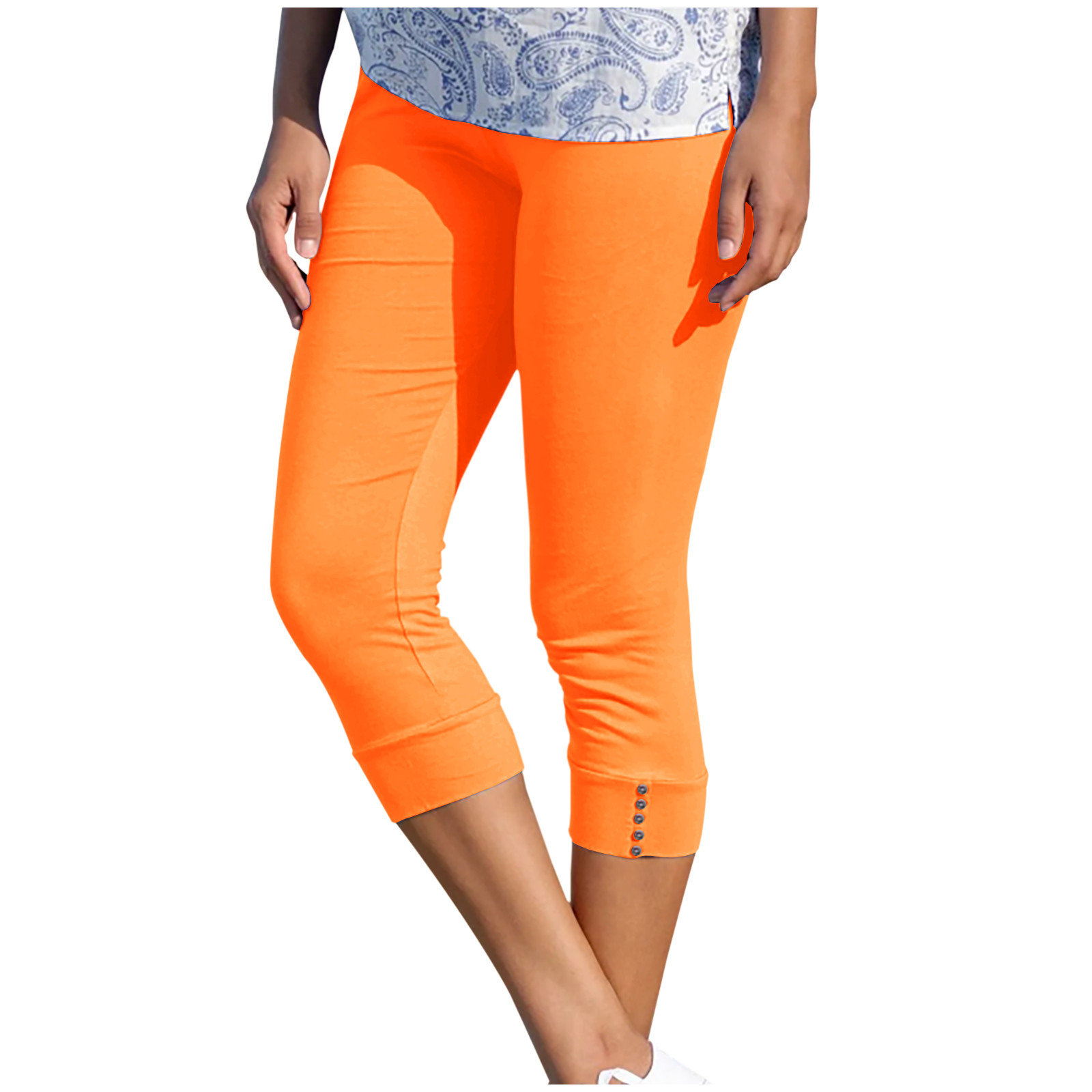JWZUY Women s High Waisted Solid Color Capri Pants Button Up Casual Slim Fit Leggings Orange XXXL