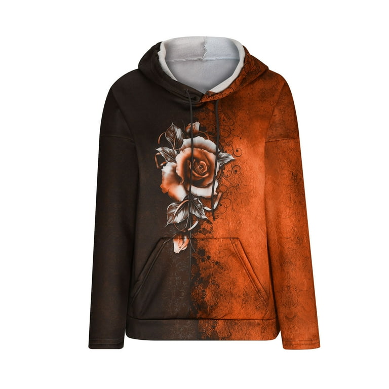 JWZUY Women s Hoodies Long Sleeve Color Contrast Rose Print Pullover Drawstring Sweatshirt Hoodie Hooded with Pocket Casual Loose Blouse Shirt Orange