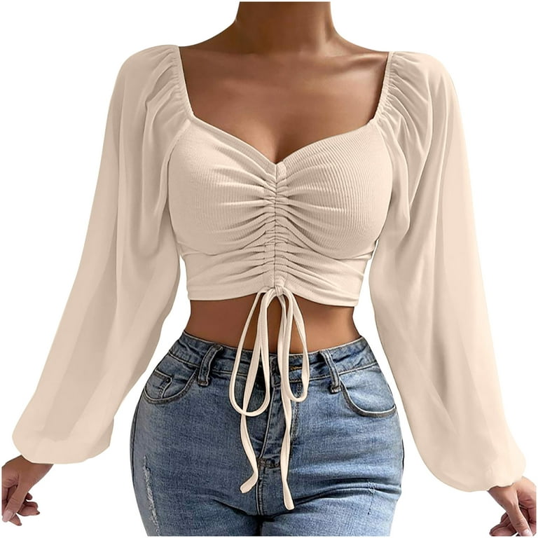 JWZUY Women's Long Sleeve Cropped Tops V Neck Ruched Drawstring Ripped  Solid Color Loose Fit Pullover T-Shirt Blouse Khaki M