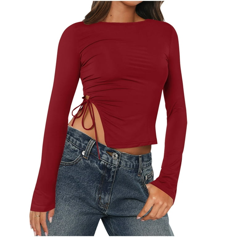 トップス the red thread S heart fit tops JWZUY Women's Long Sleeve Scoop Neck Shirt Slit Hem Slim