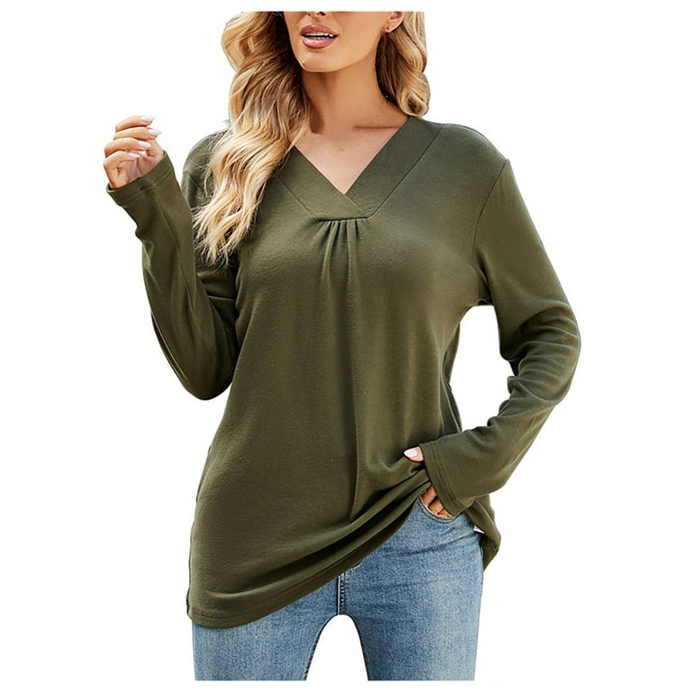 JWZUY Women's Long Sleeve V-Neck Shirts Tunic Tops Casual T-Shirt Basic  Blouse Solid Color Loose Pullover Tee Shirt Tees for Legging Army Green XL