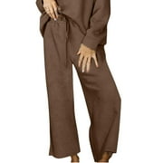 JWZUY Women's Loose Fit Plain Color Casual Drawstring Textured Sweatpants Long Pants Coffee L