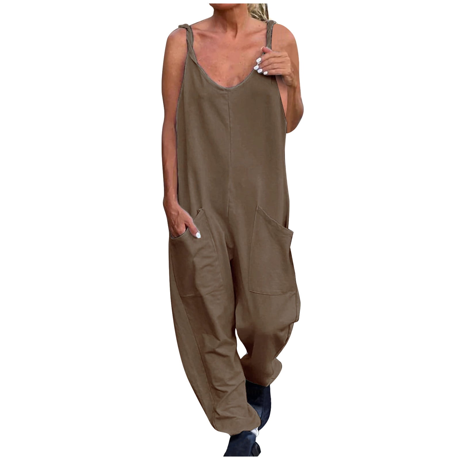 LILBETTER Women's Loose Casual V Neck Sleeveless Jumpsuits Adjustable Spaghetti Straps Long Pants Overalls With Pockets, Black, Small