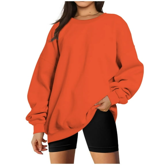 JWZUY Women's Oversized Fleece Sweatshirts Long Sleeve Crew Neck Pullover Sweatshirt Casual Hoodie Tops Loose Fit Solid Color Orange L