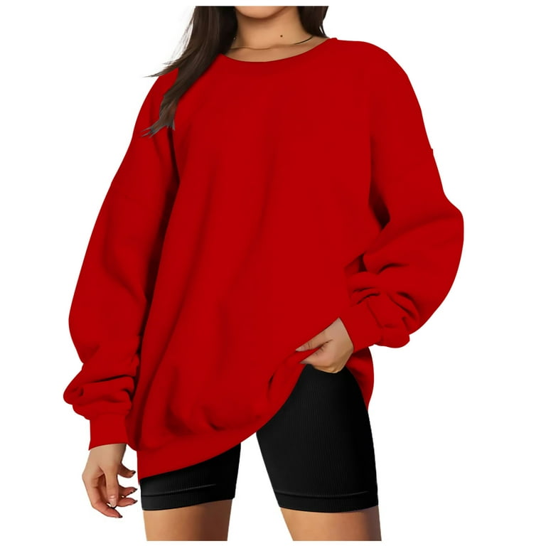 JWZUY Women's Oversized Fleece Sweatshirts Long Sleeve Crew Neck Pullover  Sweatshirt Casual Hoodie Tops Loose Fit Solid Color Red S