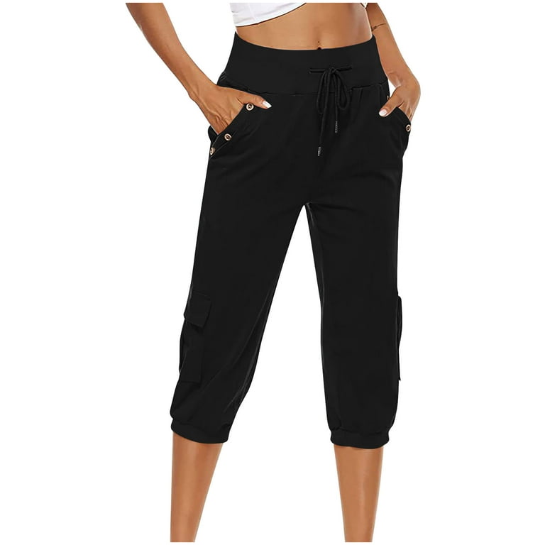 Niuer Women Summer Cargo Pants Hight Waist Beach Loose Linen Capris Pants  Holiday Drawstring Cropped Pants Loungewear Size S-3XL Black 3XL