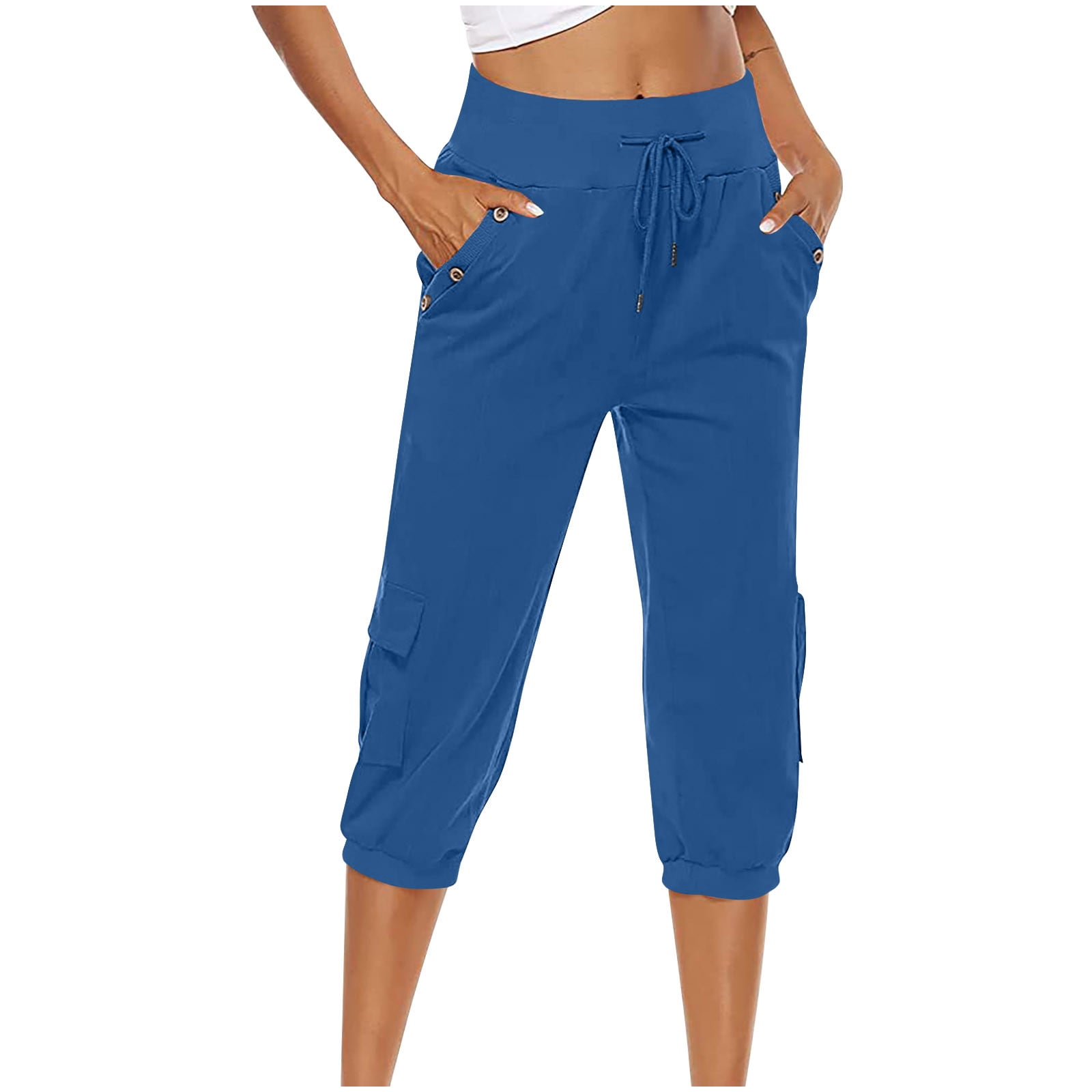 JWZUY Women's Plus Size Drawstring Cargo Capri Pant Lightweight Cotton  Linen Cropped Jogger Pants Summer Pants with Pocket 1-Blue Medium 