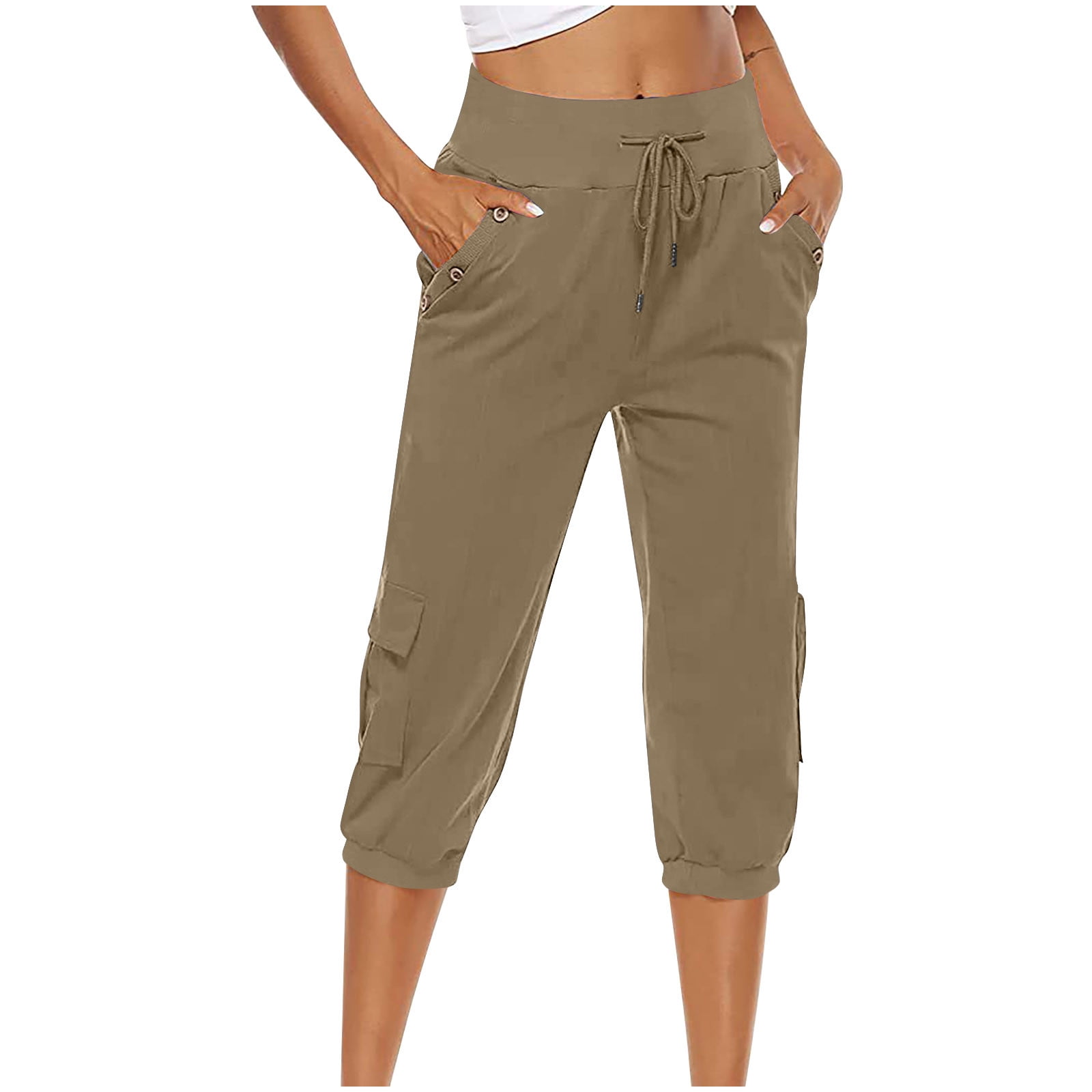 JWZUY Women's Plus Size Drawstring Cargo Capri Pant Lightweight Cotton