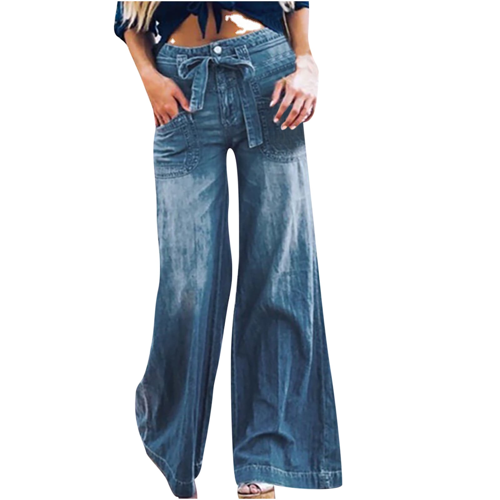 JWZUY Women's Plus Size Drawstring Denim Wide-Leg Pants Baggy Loose Fit  Denim Trouser 1-Blue Small