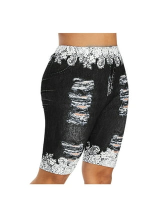 JWZUY Women's Plus Size Lace Trim Capri Leggings Stretch Crop Leggings  Summer Tights Pants White XXL