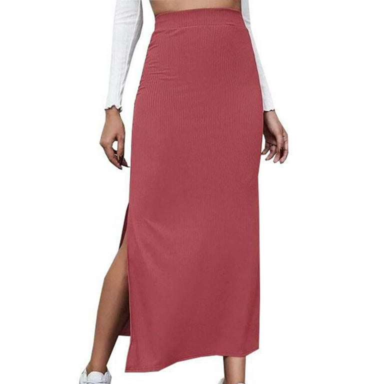 High Waist Pencil Skirt - Red Bodycon Fashion Women Midi Slit Skirt