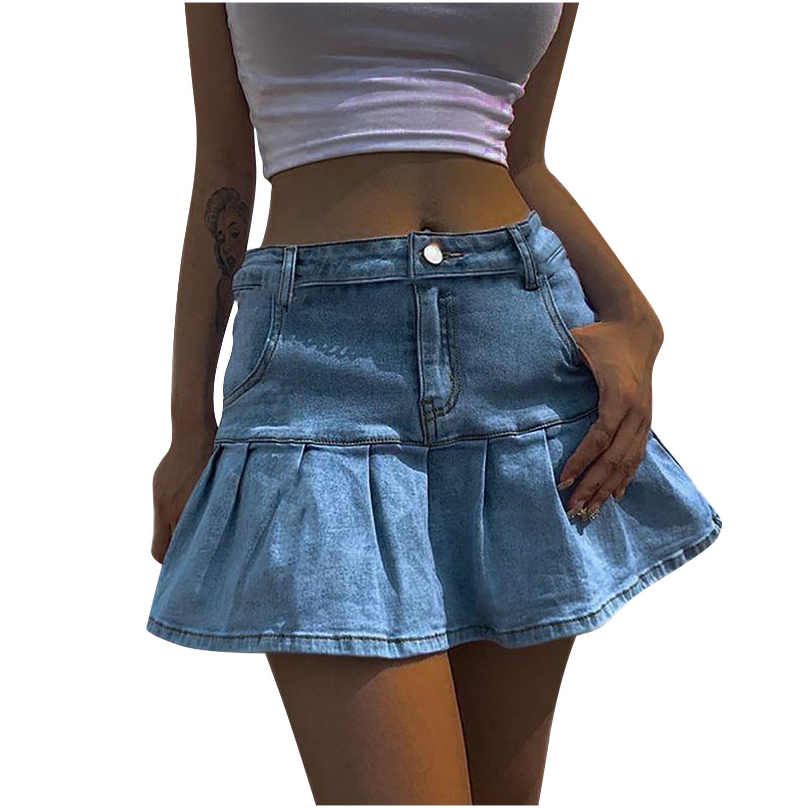 JWZUY Women's Ruffle Short Mini Denim Skirts Casual Slim A-line Pleated ...