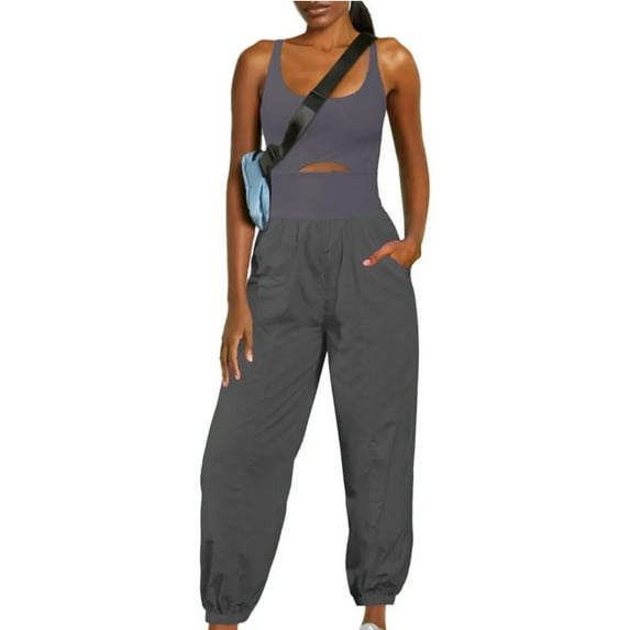 JWZUY Women's Running Onesie Workout Rompers, Hiking Romper Outfits, One Piece Workout Jumpsuits with Pockets, Long Athletic Romper Pants Gym One Piece Activewear with Pockets Gray S