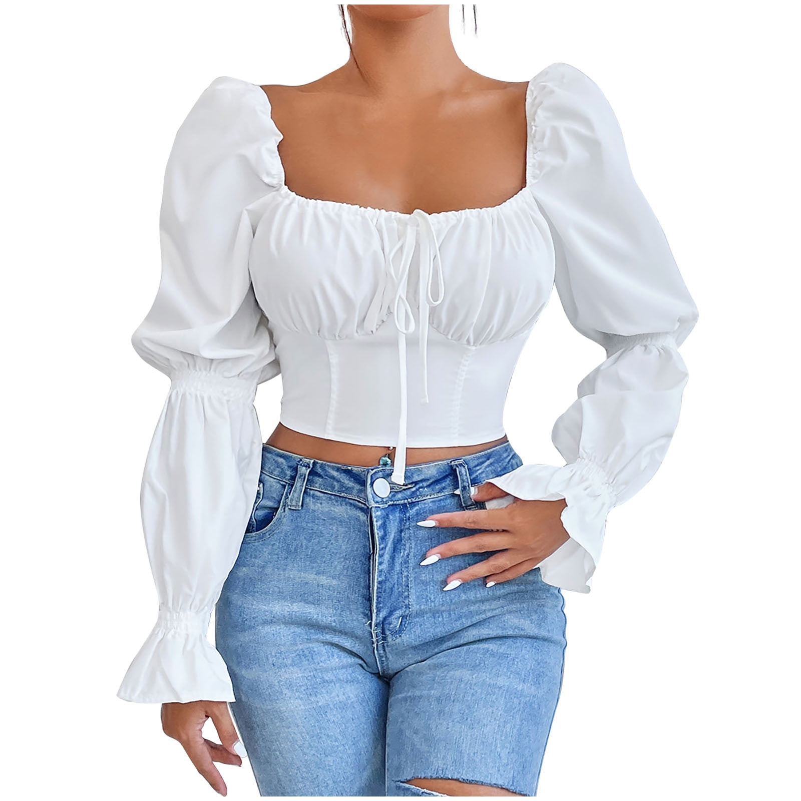 hirigin Women Crop Tops, Square Neck Puff Sleeve Blouse Floral Print with  Zipper for Spring Summer, White 