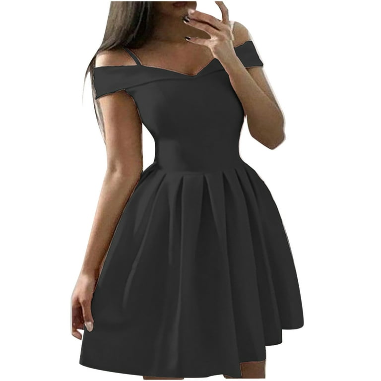 JWZUY Women's Solid Color Bra Off Shoulder Dress Waist Pleated Dress Dress  Large Swing Ball Dress Black S