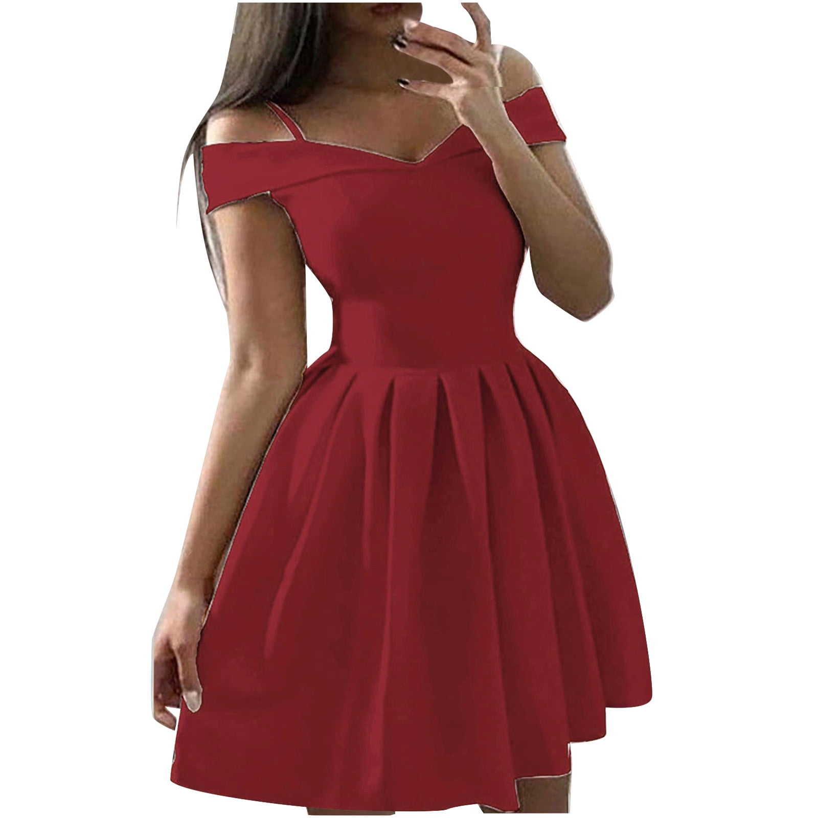 JWZUY Women's Solid Color Bra Off Shoulder Dress Waist Pleated Dress Dress  Large Swing Ball Dress Wine M