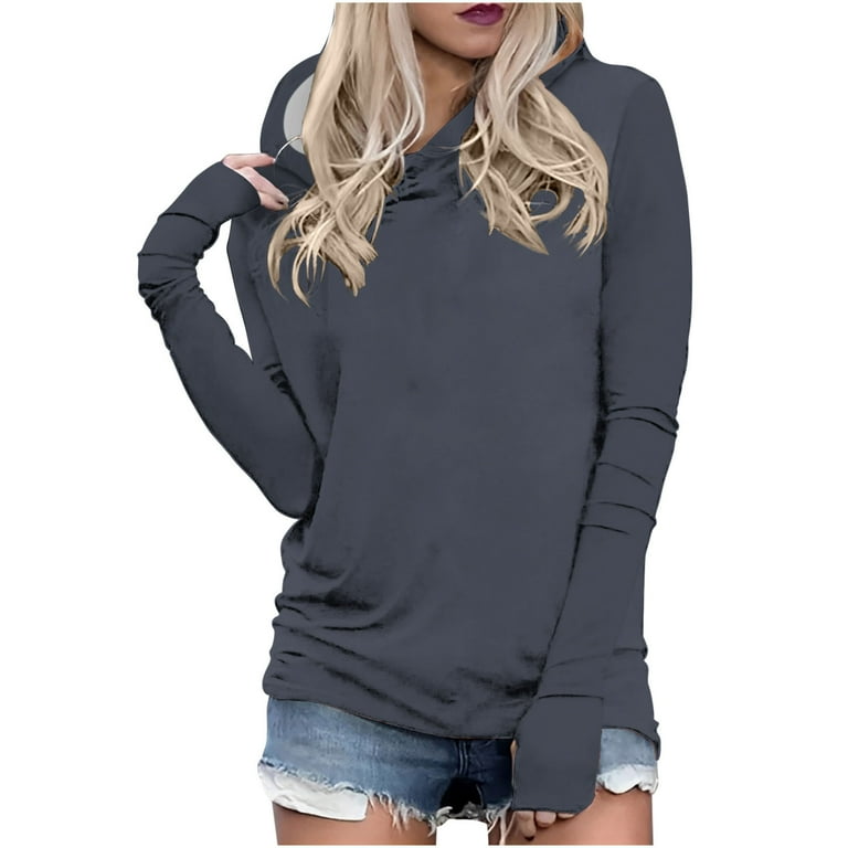 JWZUY Women s Solid Hoodie with Thumb Holes Long Sleeve Pullover Cotton Sweatshirt Top Dark Gray 001 M