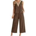 thumbnail image 1 of JWZUY Women's Summer 2 Piece Crochet V Neck Tank Top Cotton Linen Outfits Wide Leg Short Pants with Pocket Set Jumpsuits Brown XL, 1 of 6